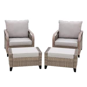 4 Pieces Brown Wicker Outdoor Patio Conversation Set Lounge Chair Set with Gray Cushions and Ottomans