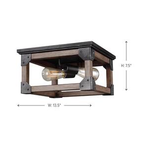 Dunning 13.5 in. W. 2-Light Weathered Gray and Distressed Oak Flush Mount
