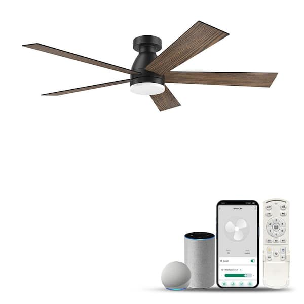 52 in. Smart Outdoor Indoor Black Standard Flush Mount Ceiling Fans with LED Lights Remote/Wi-Fi/Alexa Control,Dimmable