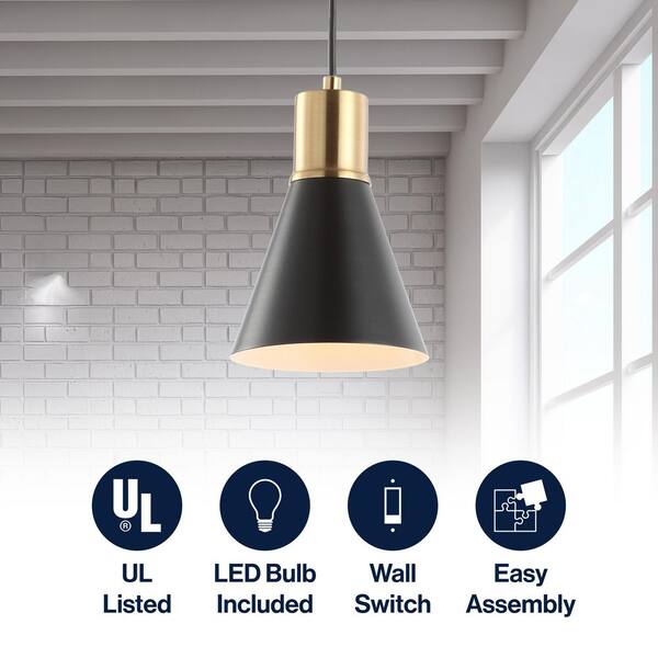 JONATHAN Y Apollo 6 in. 1-Light Black/Brass Gold Metal LED Pendant