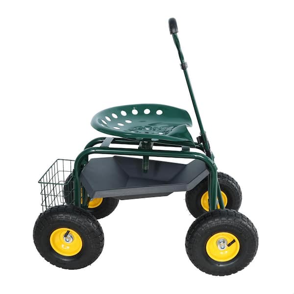 Iron Garden trolley Rolling Work Chair Garden Stool with wheels, 360° Swivel Seat, Steering Handle and Utility Tray