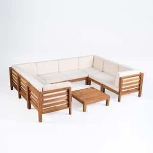Oana Teak Brown 9-Piece Wood Outdoor Patio Conversation Sectional Seating Set with Beige Cushions