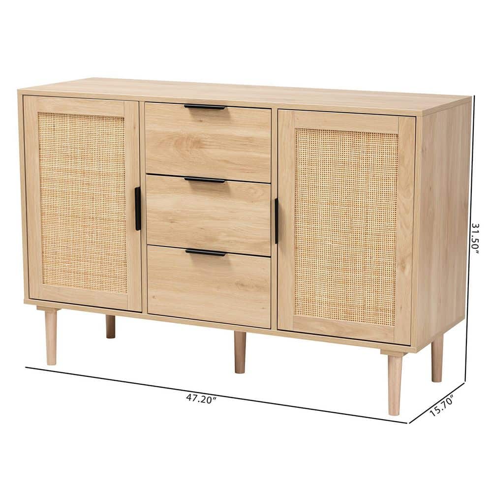 Harrison Natural Wood and Rattan 3-Drawer Buffet Sideboard