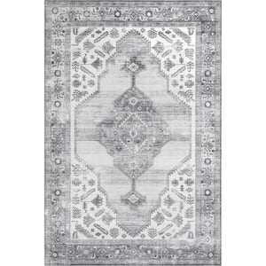 Gracie Distressed Medallion Machine Washable Gray 4 ft. x 6 ft. Area Rug