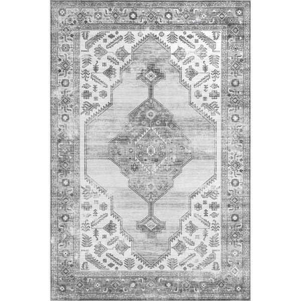 nuLOOM Gracie Distressed Medallion Machine Washable Gray 5 ft. x 8 ft