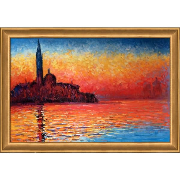 LA PASTICHE San Giorgio Maggiore by Twilight by Claude Monet Muted Gold Glow Framed Nature Oil Painting Art Print 28 in. x 40 in.