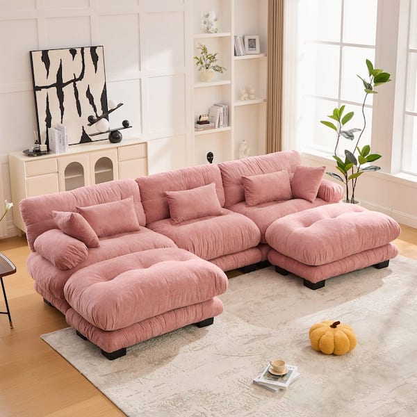 Sorrow 118.11 in. Pillow Top Arm Velvet Upholstered U Shaped Sectional Sofa in. Pink with 2 Ottomans, Pillows