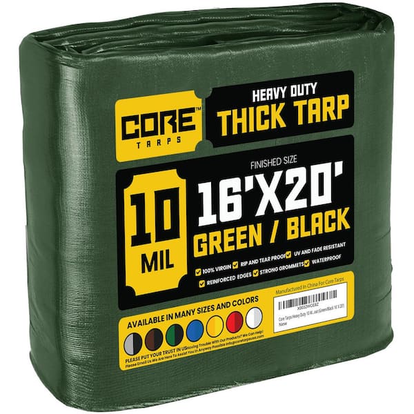 CORE TARPS 16 ft. x 20 ft. Green/Black 10 Mil Heavy Duty Polyethylene Tarp, Waterproof, UV Resistant, Rip and Tear Proof