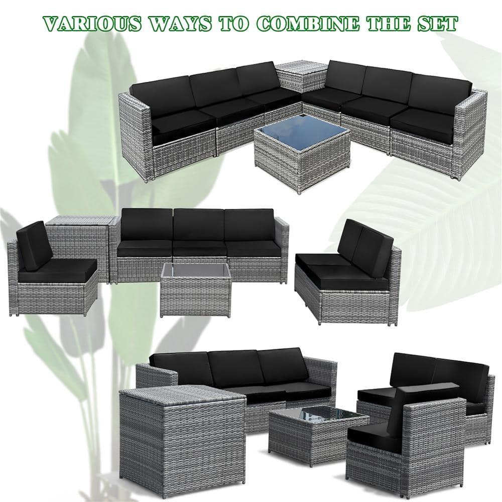 6-Piece Black Wicker Rattan Outdoor Sofa Set with Storage Table