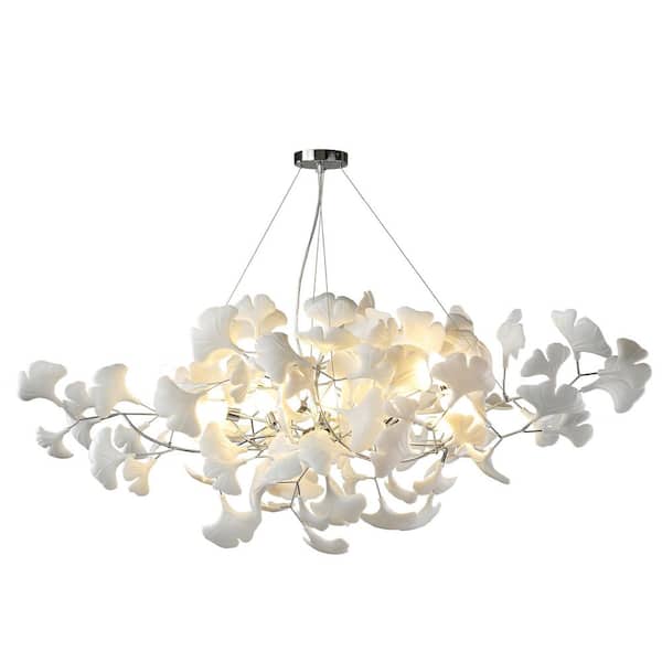 10-Light Silver Chandelier, Luxury Ceramic Ginkgo Branch Chandelier for Living Room, Dining Room, Kitchen Island-L59 in.
