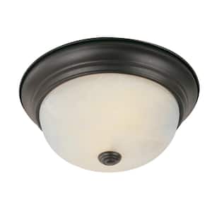 Browns 11 in. 2-Light Oil Rubbed Bronze Flush Mount Ceiling Light Fixture with White Marbleized Glass Shade
