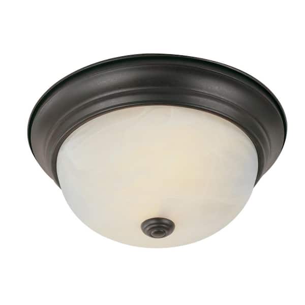 Bel Air Lighting Browns 11 in. 2-Light Oil Rubbed Bronze Flush Mount Ceiling Light Fixture with White Marbleized Glass Shade