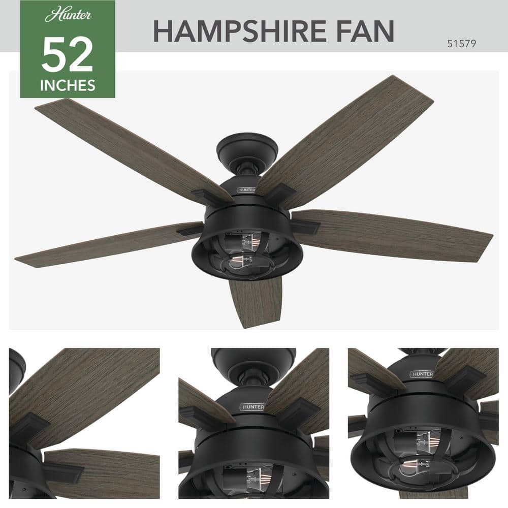 52" Matte Black Hampshire Ceiling Fan with LED Light and Remote