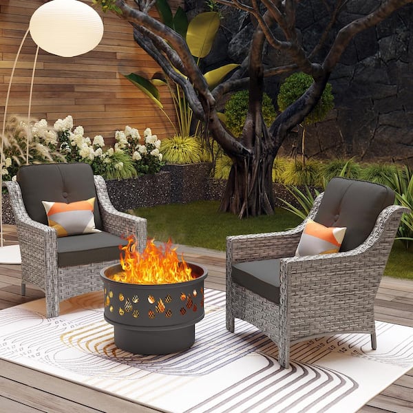 Eureka Gray 3-Piece Wicker Outdoor Patio Conversation Chair Set with a Wood-Burning Fire Pit and Black Cushions