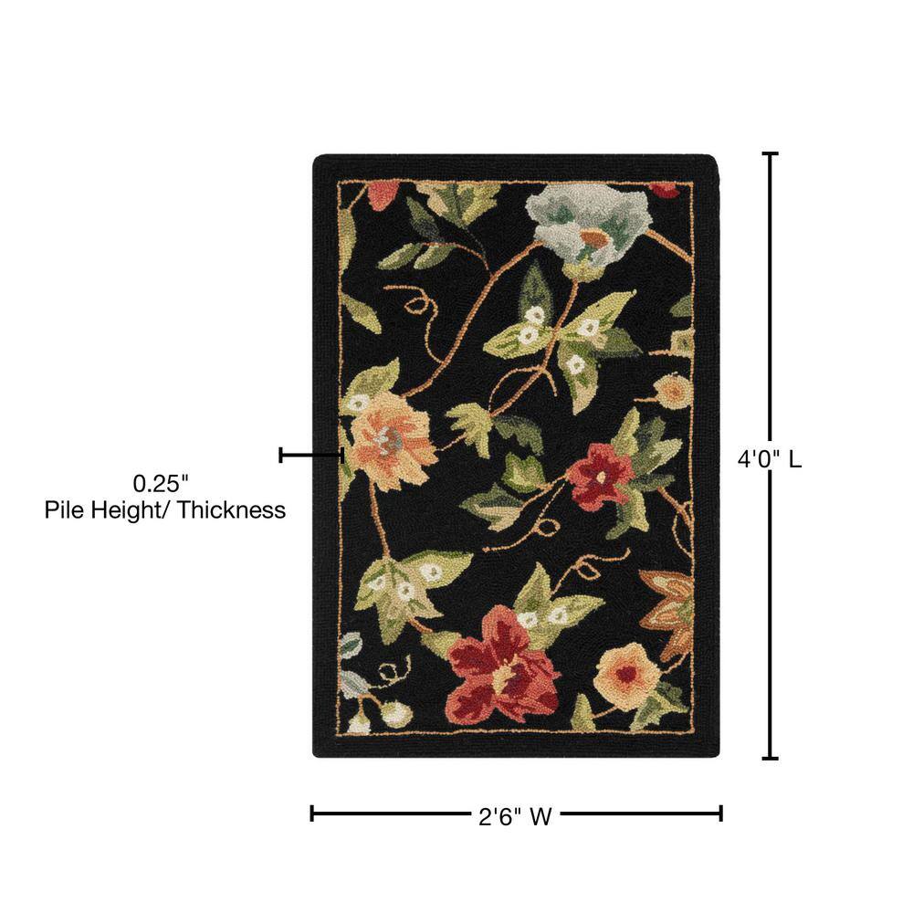 Handmade Black Floral Wool Accent Rug 2'6" x 4'