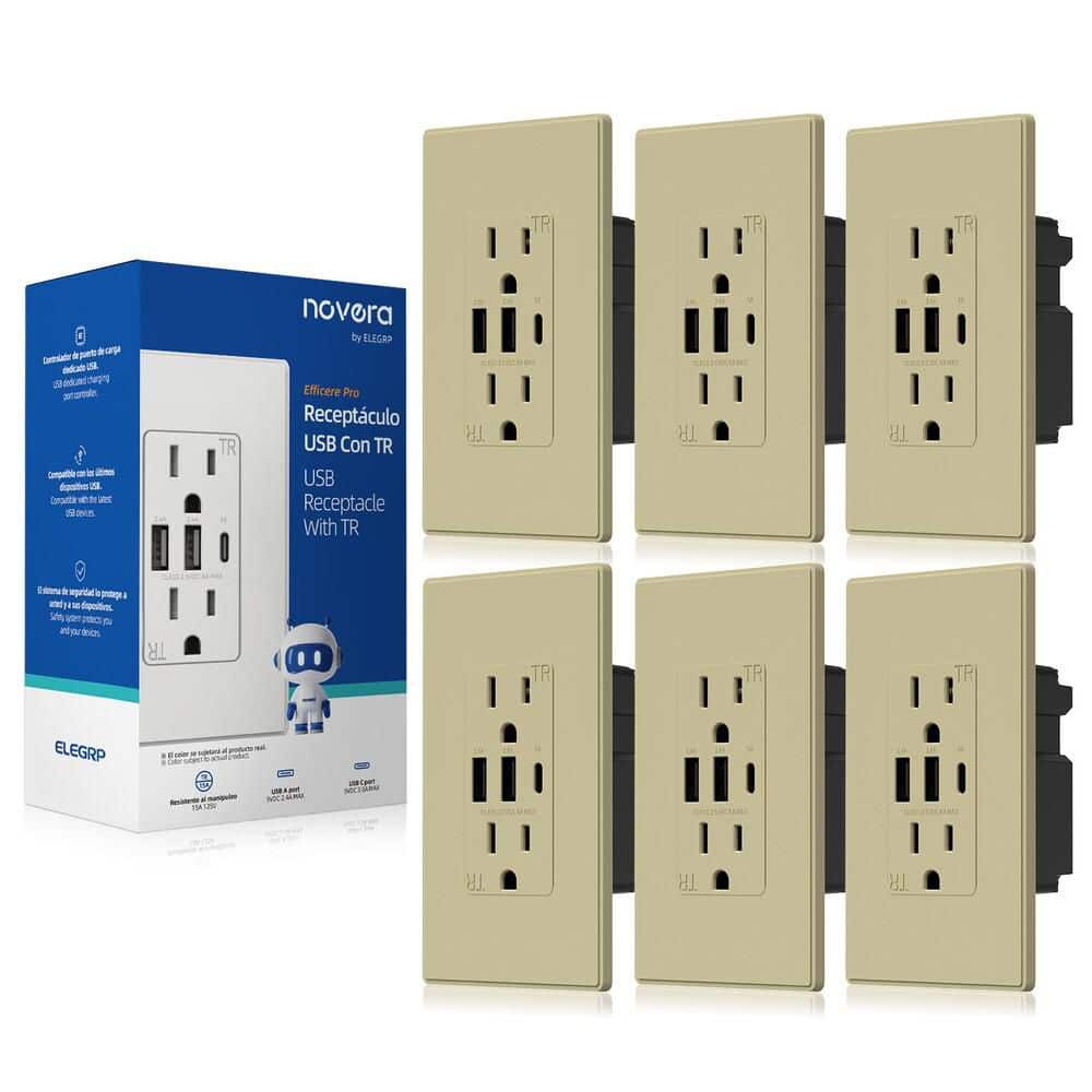 30W 6.0 Amp 3-Port USB Wall Outlet, 15A Duplex Receptacle with Dual USB Ports, with Srewless Wall Plate, Matte Ivory 6Pc price history on PriceWatchPro