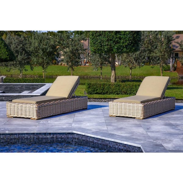 Anna White and Grey 1-Piece Wicker Aluminum Frame Outdoor Chaise Lounge with Grey Sunbrella Cushions