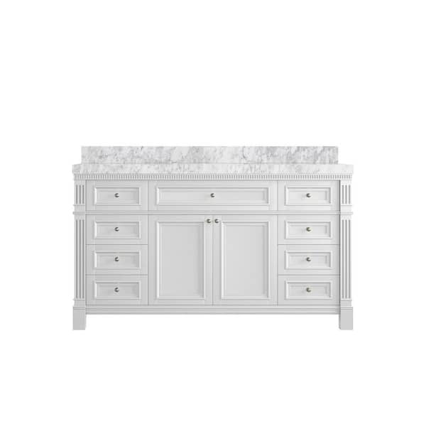 Willow Collections Paris 60 in. W x 22 in. D x 36 in. H Single Sink Bath Vanity in White with 2 in. Carrara Marble Top
