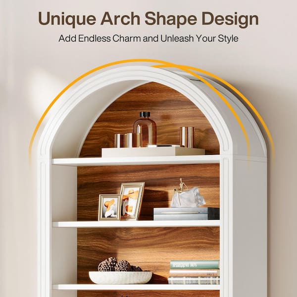 Eulas 79.53 in. Tall Brown and White Wood 8-Shelf Etagere Bookcase with Semi-Circular Top Design