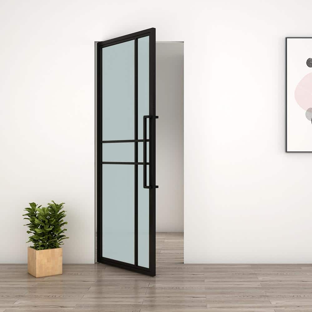 Black Steel Full Lite Frosted Glass Interior Pivot Door