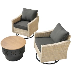 Oconee 3-Piece Wicker Patio Conversation Swivel Rocking Chair Set with a Wood-burning Fire Pit and Black Cushions