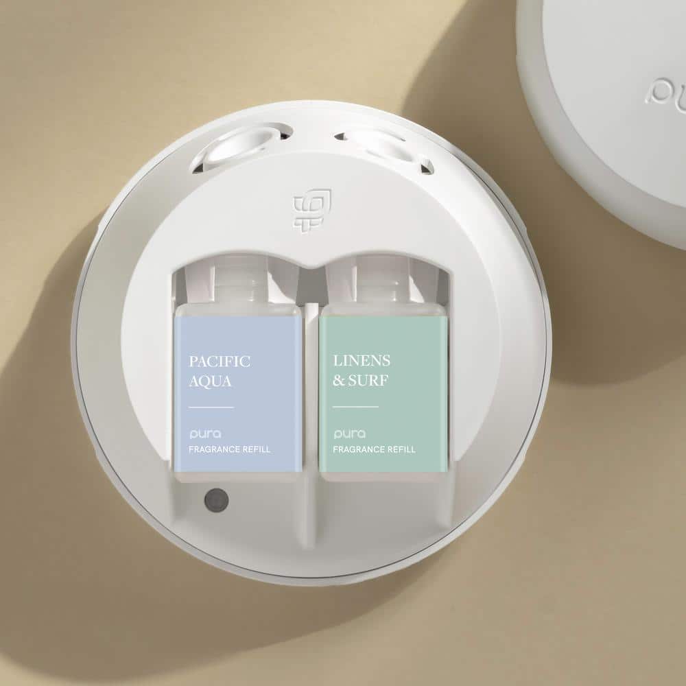 White Smart Home Fragrance Diffuser with Pacific Aqua and Linens & Surf Refills