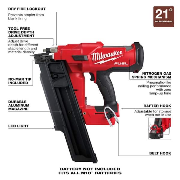 Milwaukee M18 FUEL 3-1/2 in. 18V 21-Deg Lithium-Ion Brushless Cordless Framing Nailer w/22 oz. Milled Face Framing Hammer