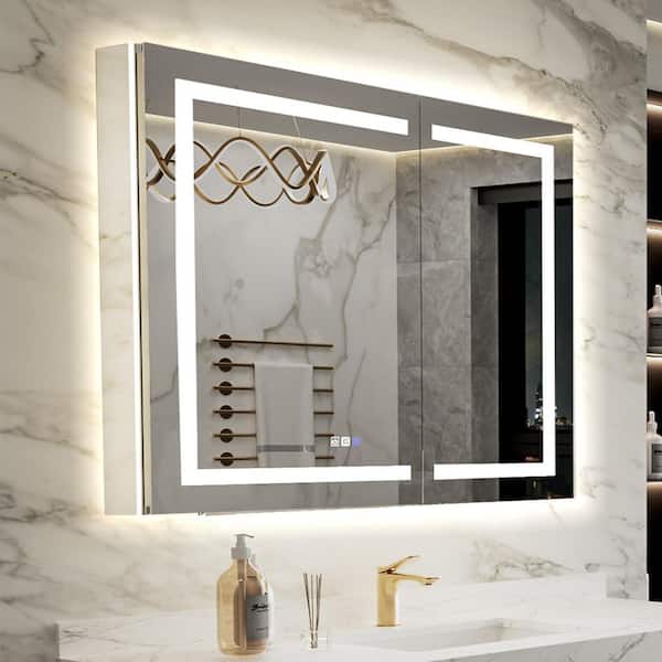 42 in. W x 36 in. H Rectangular Silver Aluminum Recessed/Surface Mount LED Medicine Cabinet with Mirror, GFCI Power-Off