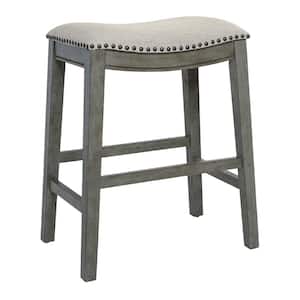 Saddle Stool 24 in. Grey Fabric and Antique Grey Base and Antique Bronze Nailheads (Set of 2)