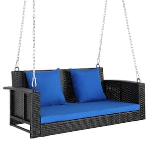 2-Person Wicker Steel Porch Swing with Blue Cushion
