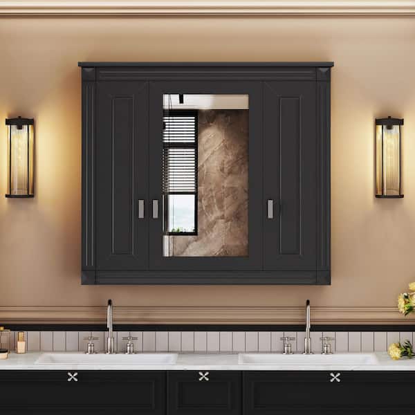 34 in. W x 29 in. H Rectangular Black Surface Mount Medicine Cabinet with Mirror and 4 Shelves