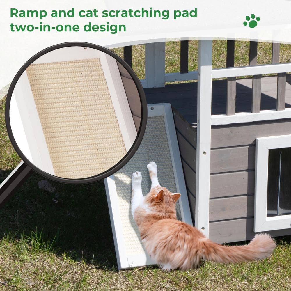 Medium Gray and White Wooden Outdoor Cat House with Balcony