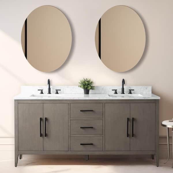 Vanity Art 72 in. W. x 22 in. D x 34 in. H Double Sink Bathroom Vanity Cabinet Driftwood Gray with Engineered Marble Top in White