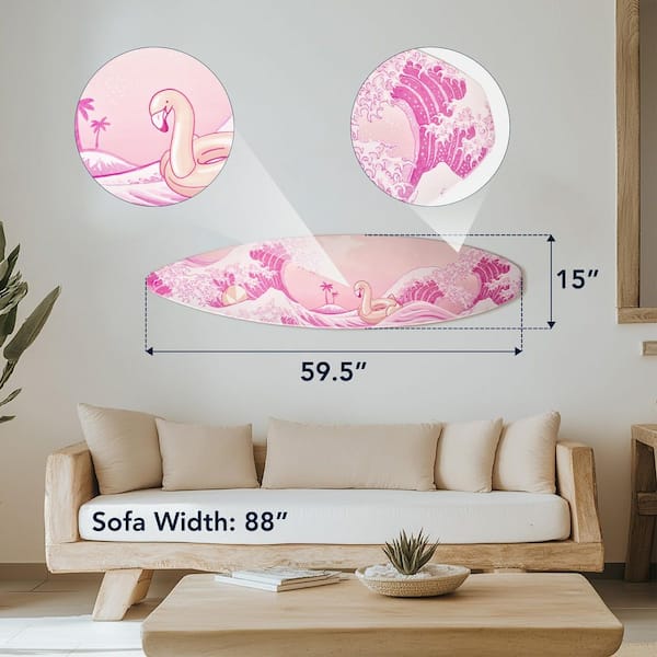 American Art Decor Surfboard 15 in. x 59.5 in. Pinks, White The