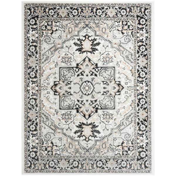 Dekor Ivory Charcoal 5 ft. x 7 ft. Center medallion Traditional Area Rug