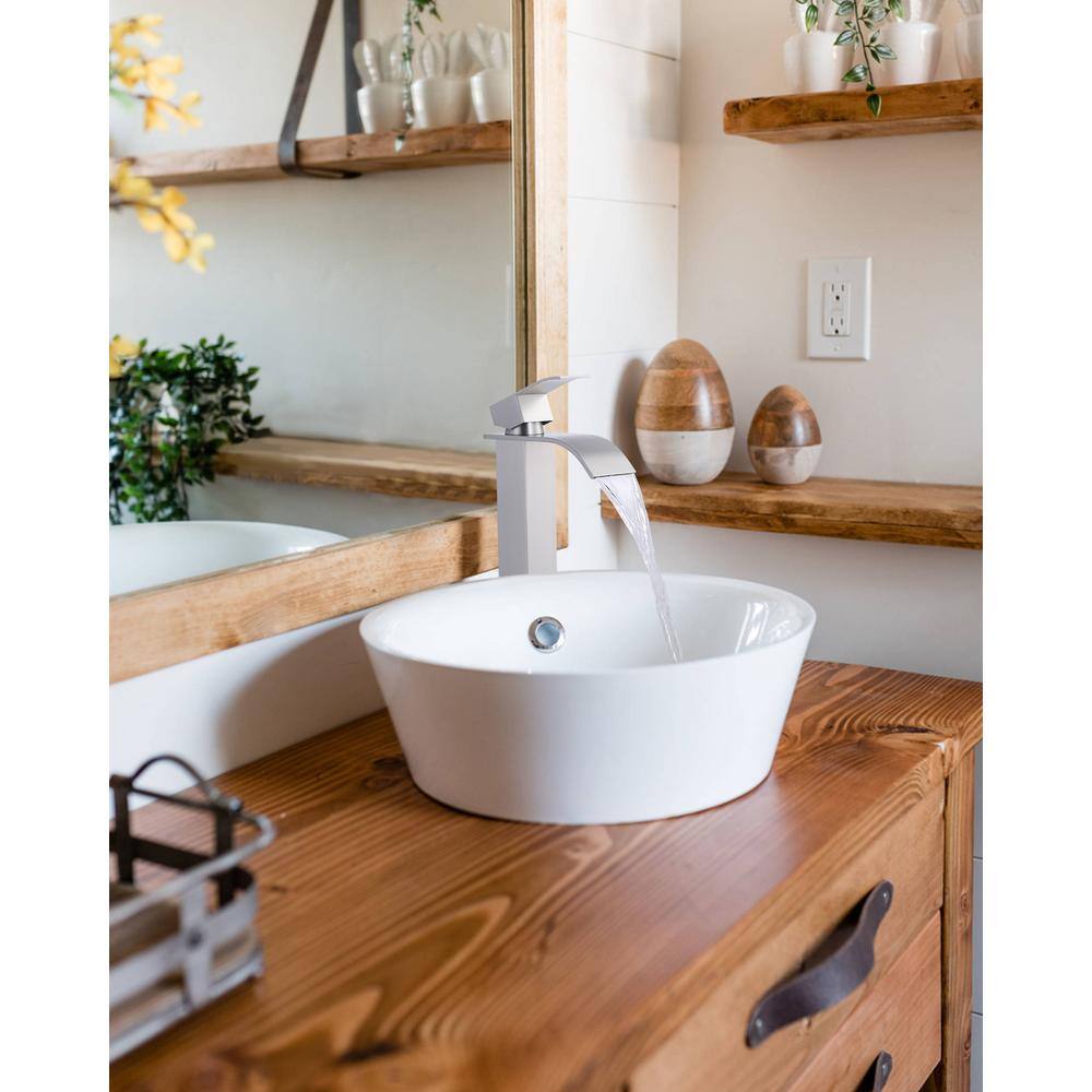 Brushed Nickel Single Handle Waterfall Bathroom Faucet with Pop Up Drain