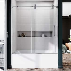 UKS04 60 in. W x 66 in. H Sliding Frameless Bathtub Door in Stainless Steel with EnduroShield Opti-White Clear Glass