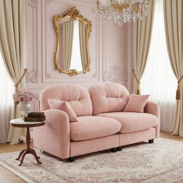 Homy Casa PMOB 74 in. Armrest 2-piece Chenille Loveseat Tufted Backrest Sectional Sofa in Blush Pink