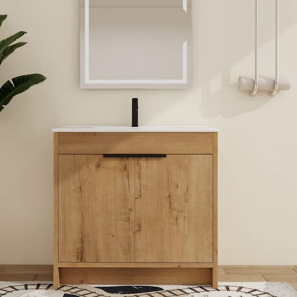 36 in. W x 18.3 in. D x 34.3 in. H Single Sink Free-standing Bath Vanity in Brown with White Ceramic Top