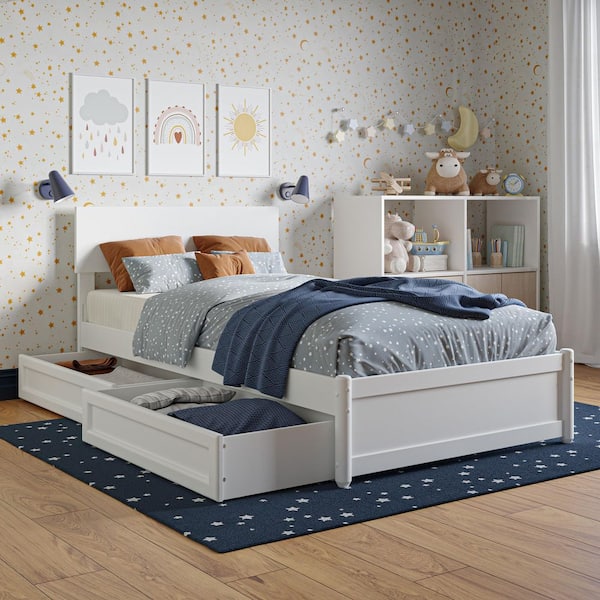 AFI Wesley White Solid Wood Frame Twin Platform Bed with Panel Footboard and Storage Drawers