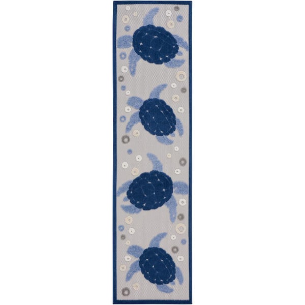 Aloha Navy Blue 2 ft. x 6 ft. Coastal Sea Turtle Contemporary Indoor/Outdoor Runner Kitchen Area Rug