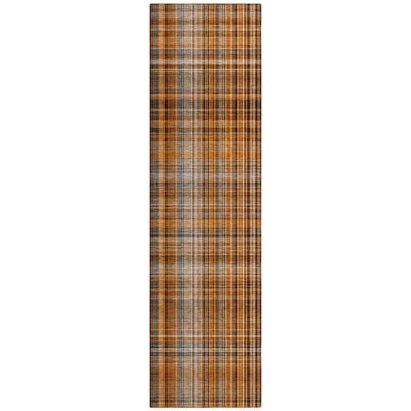 Orange, Brown, Gray 2 ft. x 8 ft. Woven Plaid Polyester Runner Indoor / Outdoor Area Rug