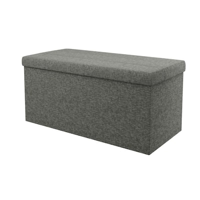 Foldable Rectangle Gray Linen Storage Ottoman Bench with Channel Tufting