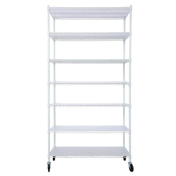 Siavonce 7-Shelf Metal Pantry Organizer Shelf Wire Shelving Unit, Adjustable Storage Rack with Wheels and Shelf Liners, White