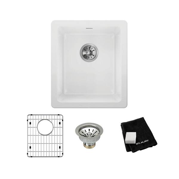 Elkay White Fireclay 16.42 in. Single Bowl Undermount Kitchen Sink with Bottom Grid and Drain