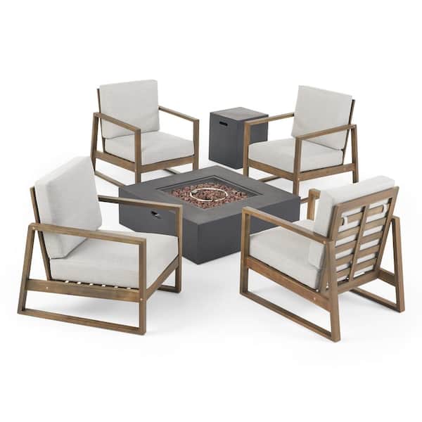 Belgian Grey 6-Piece Wood Outdoor Patio Fire Pit Seating Set with Light Grey Cushions