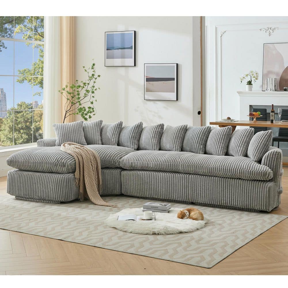 No Assembly Required 127 in. L-Shape Corduroy Sectional Sofa in Gray with H