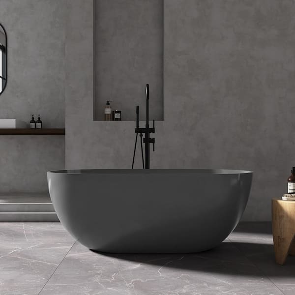 MEDUNJESS Ariana 59 in. x 30 in. Stone Resin Solid Surface Flatbottom Freestanding Soaking Bathtub in Dark Gray
