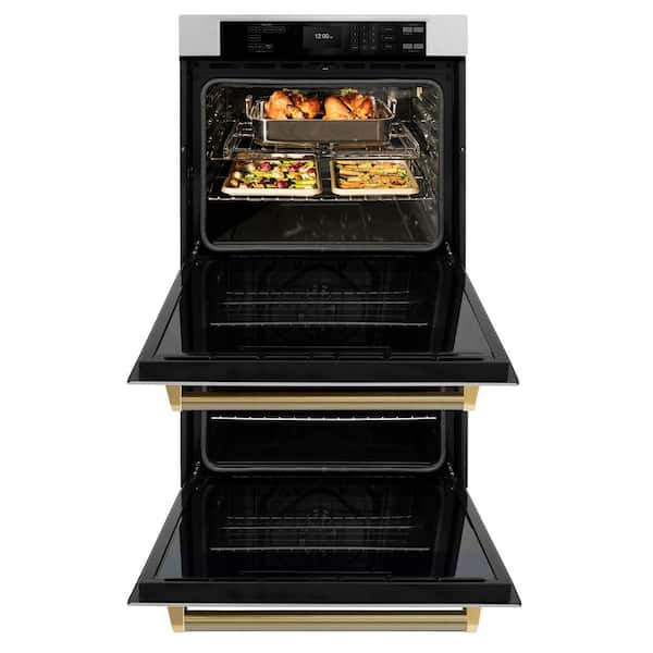Autograph 30 in. True Convection Double Wall Oven with Air Fry in Satin Steel with Polished Gold Helix Handles