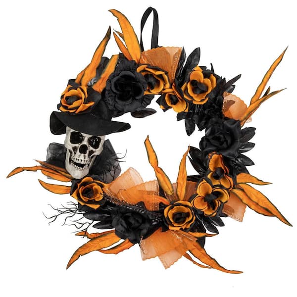 Northlight 14 in. Skull with Black and Orange Roses Halloween Wreath-Unlit